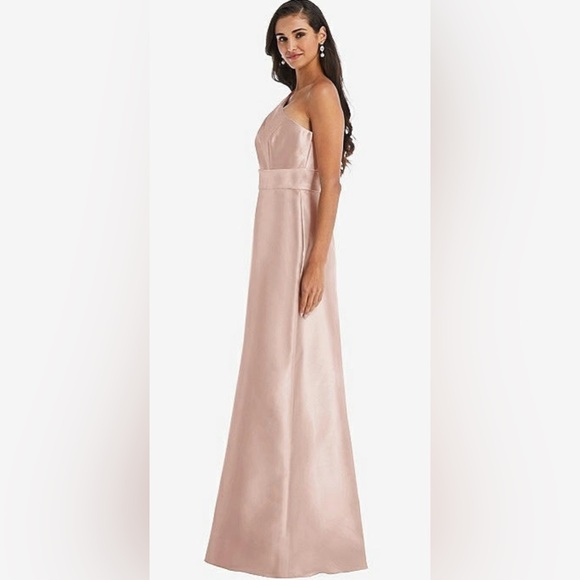 Alfred Sung NWT Draped One Shoulder Satin Maxi Dress w/ Pockets Toasted Sugar - Picture 5 of 10